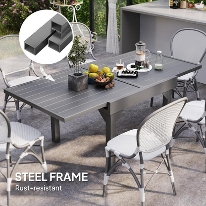Outsunny Extendable Aluminium Outdoor Dining Table for 4-6 Person, 35"-71" Slatted Metal Patio Table for Garden, Backyard, Deck, Porch, Lawn, Grey