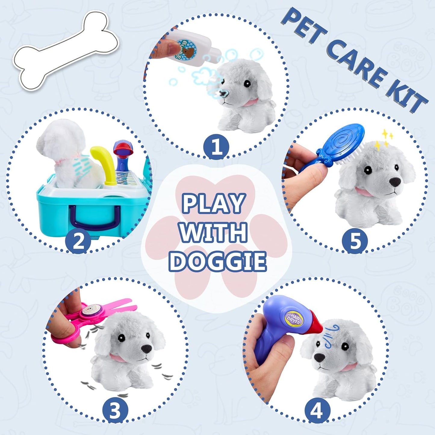 HERSITY Vet Toy Pet Care Kit Role Play Set Grooming Feeding Dog Animal Games Backpack Educational Toy for Kids 3 4 5 Years Old Girls Boys