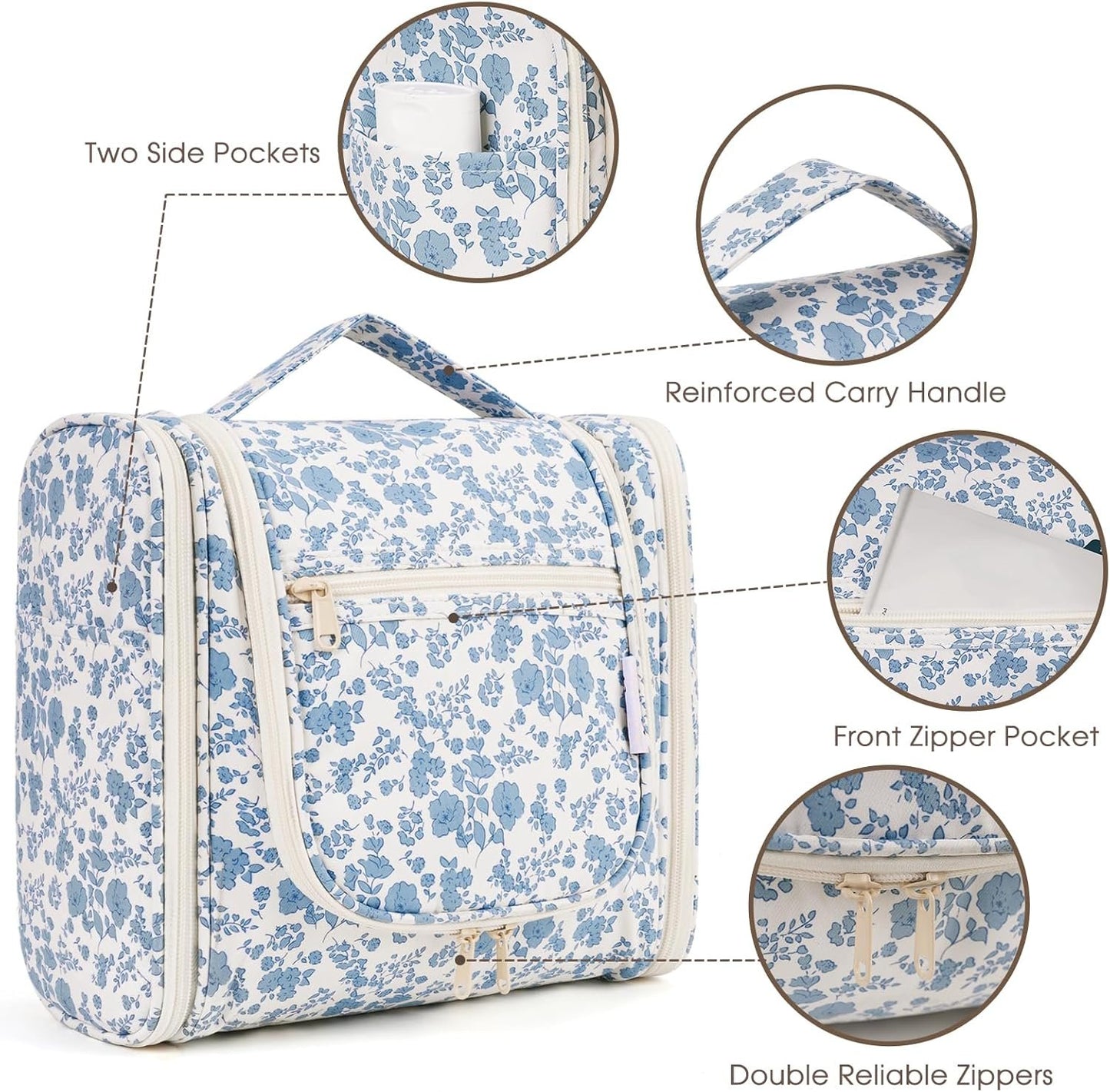 Narwey Hanging Toiletry Bag for Women Travel Makeup Bag Organizer Toiletries Bag for Cosmetics Essentials Accessories (Large, Little Blue Flower)