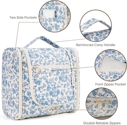 Narwey Hanging Toiletry Bag for Women Travel Makeup Bag Organizer Toiletries Bag for Cosmetics Essentials Accessories (Large, Little Blue Flower)