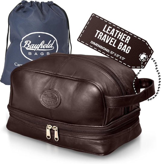 Mens Toiletry Bag Shaving Dopp Case For Travel by Bayfield Bags (Brown) Men's Shower Bag For Bathroom Hygiene (11x6x5). Holds Beard Trim Kit Accessories and Body Shavers.