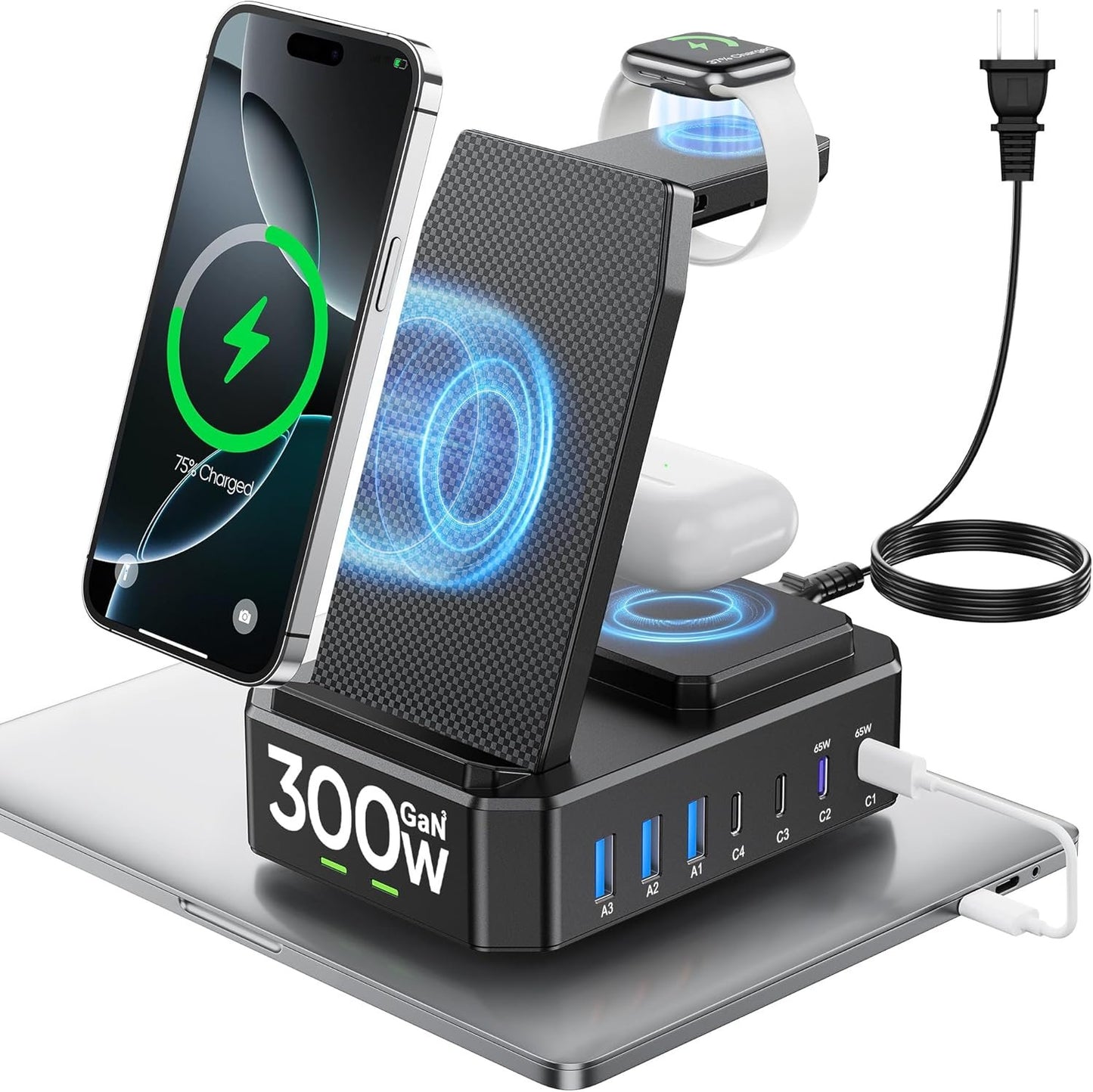 300W Charging Station for Multiple Devices Apple,10 in 1 Wireless Charger for iPhone,GaN III USB C 65W PD Fast Charging Stand Dock for MacBook,Apple Watch&Airpods,Black