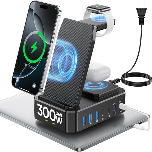 300W Charging Station for Multiple Devices Apple,10 in 1 Wireless Charger for iPhone,GaN III USB C 65W PD Fast Charging Stand Dock for MacBook,Apple Watch&Airpods,Black