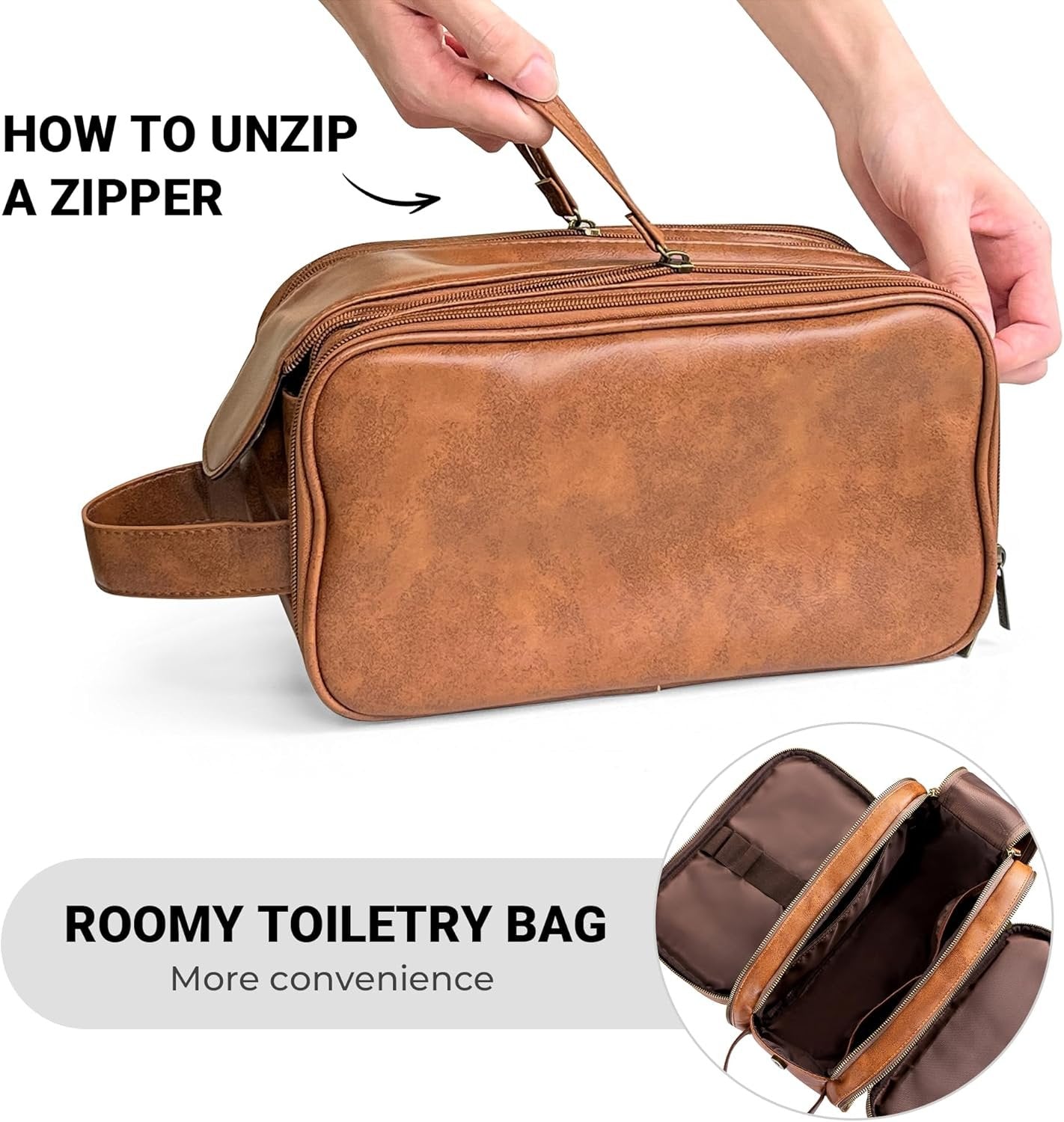 Elviros Toiletry Bag for Men, Large Travel Shaving Dopp Kit Water-Resistant Bathroom Toiletries Organizer PU Leather Cosmetic Bags (Brown, Small)