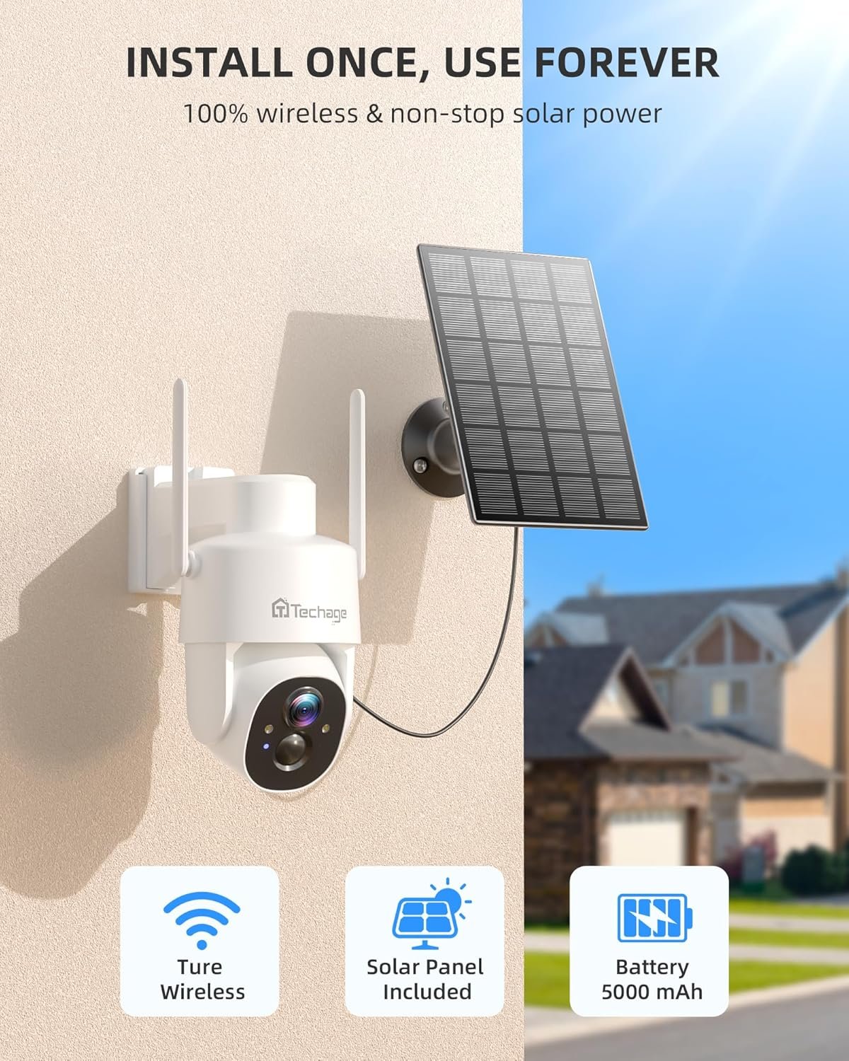 Solar Security Cameras Wireless Outdoor, 2K WiFi Cameras for Home Security, 360° PTZ Surveillance Camera with PIR, Color Night Vision, 2-Way Talk, IP66 Waterproof, SD/Cloud, Work with Alexa (2 Pack)