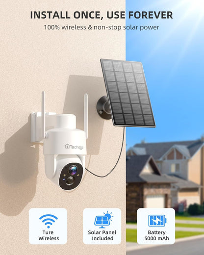 Solar Security Cameras Wireless Outdoor, 2K WiFi Cameras for Home Security, 360° PTZ Surveillance Camera with PIR, Color Night Vision, 2-Way Talk, IP66 Waterproof, SD/Cloud, Work with Alexa (2 Pack)