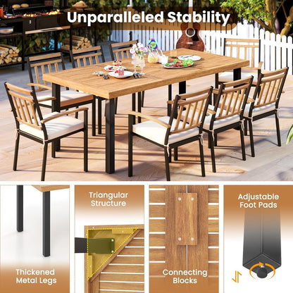 RELAX4LIFE Patio Outdoor Dining Table for 8, 79’’ x 39.5’’ Acacia Wood Rectangular Table w/Slatted Top, Umbrella Hole & Metal Legs, Indoor Outdoor Picnic Bistro Table, 8-Person Patio Dining Table