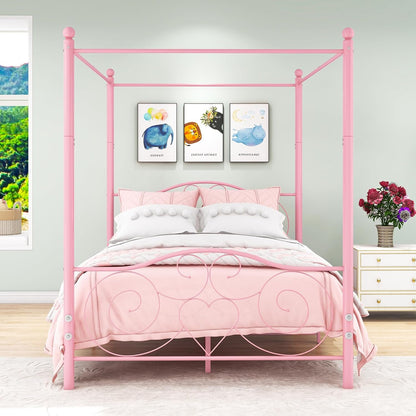 HAHRIR Canopy Bed Frame Platform Metal Bed Frame Heavy Duty Steel Slat and Support with Headboard and Footboard No Box Spring Required (Queen, Pink)