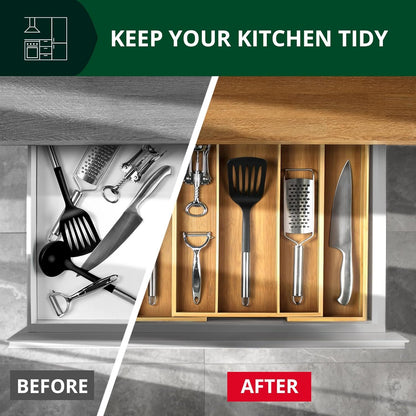 Bamboo Kitchen Drawer Organizer - Expandable Silverware Organizer/Utensil Holder and Cutlery Tray with Grooved Drawer Dividers for Flatware and Kitchen Utensils (Natural, 5 Slots)