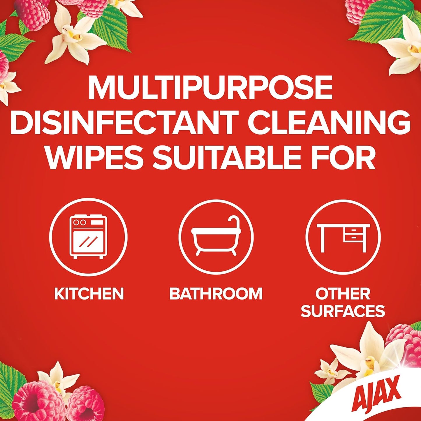Ajax Eco Antibacterial Disinfectant Surface Cleaning Wipes, Bulk 110 Pack, Vanilla and Berries, Multipurpose, Biodegradable and Compostable, Made with Bamboo Fibres