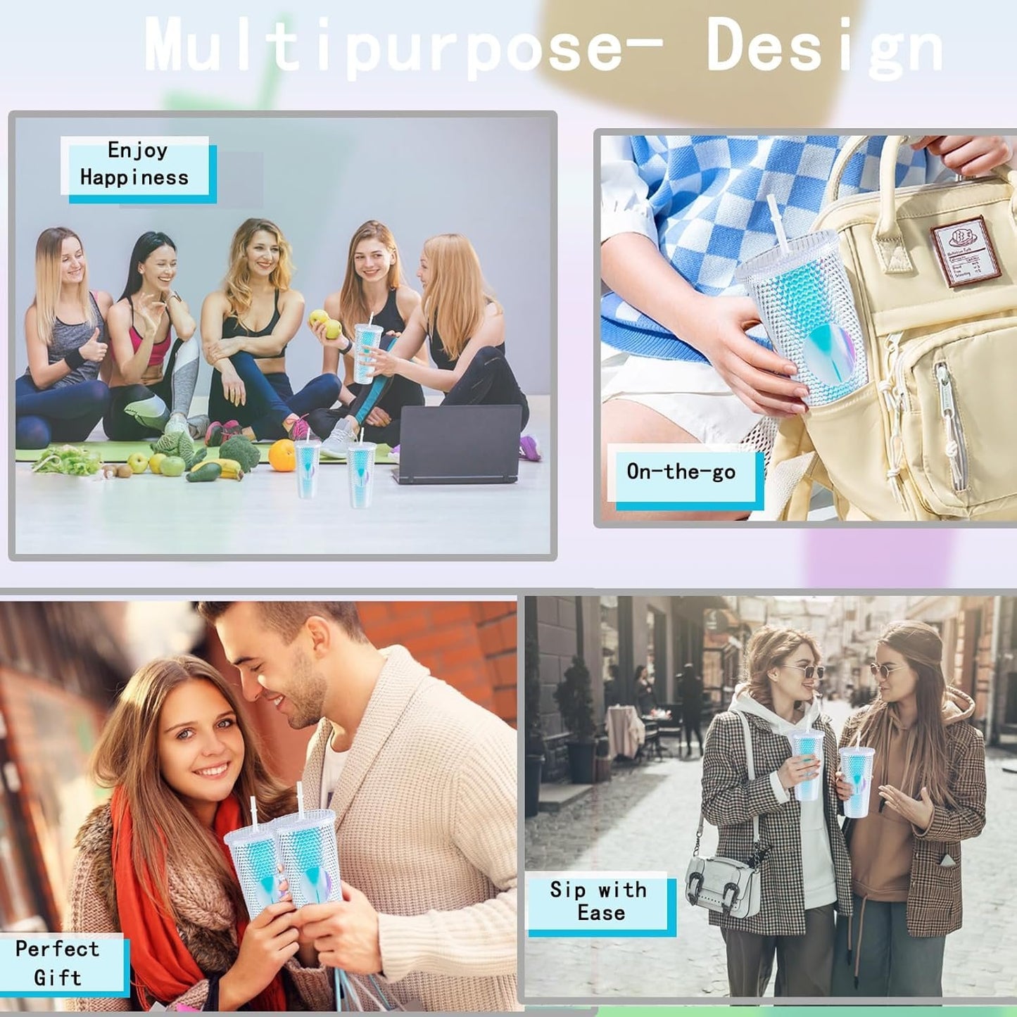 24oz Studded Tumbler with Lid & Straw,Glitter Reusable BPA Free Plastic Textured Water Bottle Drinking Cup,Double Wall Mug,Travel Friendly Water/Iced Coffee/Smoothie,Perfect for Home&Outdoor (White)