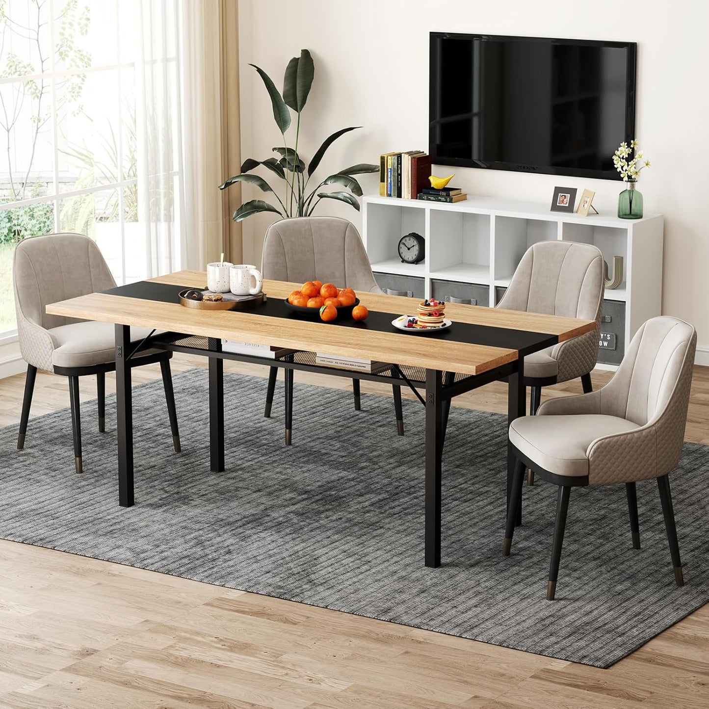 Giantex 180 cm Dining Table for 6-8 People, 180 cm Long Large Wood Dinner Table w/Heavy-Duty Metal Frame, Storage Rack, Industrial Rectangular Dinette Table