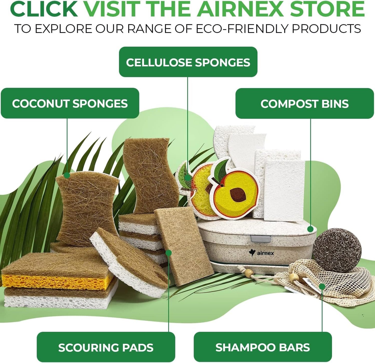 AIRNEX 6 Pack Biodegradable Natural Kitchen Sponges - Eco Friendly Cellulose and Coconut Dish Sponges - Odourless Sponges for Dishes with Dish Scrubber - Non Scratch Dual Sided Multipurpose Sponges