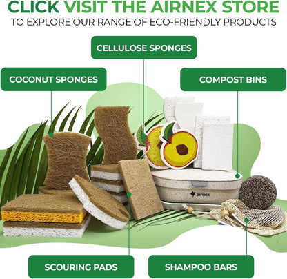 AIRNEX 6 Pack Biodegradable Natural Kitchen Sponges - Eco Friendly Cellulose and Coconut Dish Sponges - Odourless Sponges for Dishes with Dish Scrubber - Non Scratch Dual Sided Multipurpose Sponges