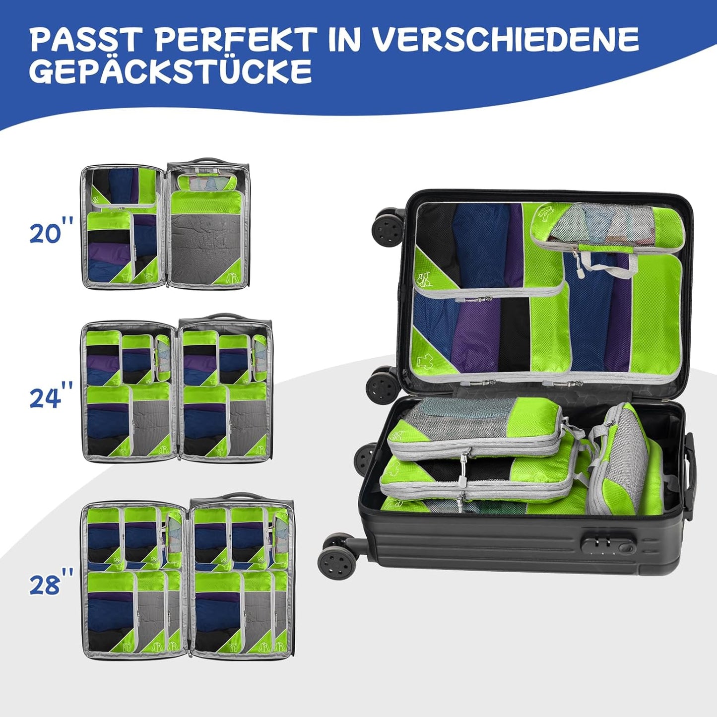 Pack of 5 Compressible Cubes for Travel, Compressible Cube for Luggage Organization, Ultralight, Storage Bag, Suitcase Organizer, Backpack and Suitcase (Green)