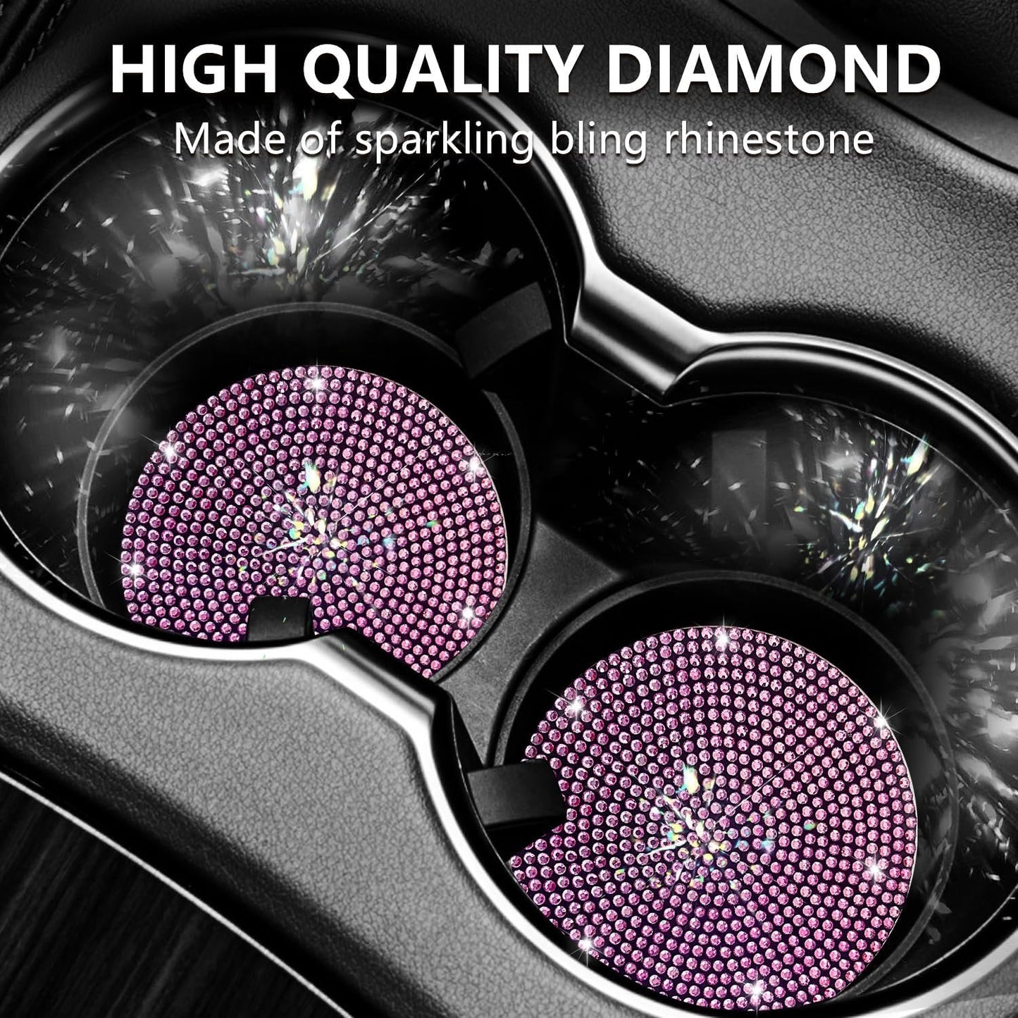 FKECVIS Bling Cup Holder Coasters for Car, 2PCS Universal Non-Slip Cup Holder, Embedded Decorative Coasters, Shiny Crystal Car Interior Accessories Gifts for Women (Pink