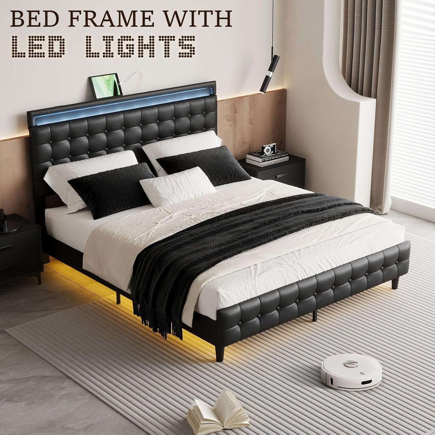 Luxsuite Queen Size Bed Frame Metal Mattress Base Wooden Platform Foundation with PU Leather Headboard BedHead Sleep Bedroom Furniture Black