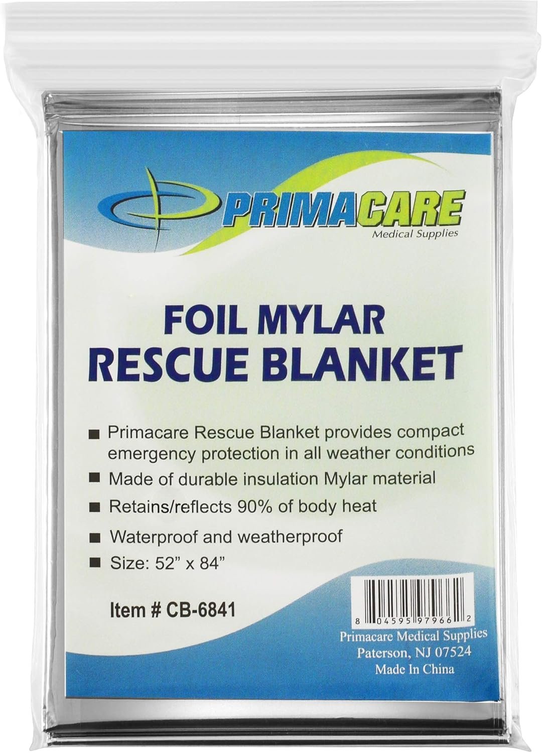Primacare HB-10 Emergency Foil Mylar Thermal Blanket (Pack of 10), 52" Length x 84" Width, Silver