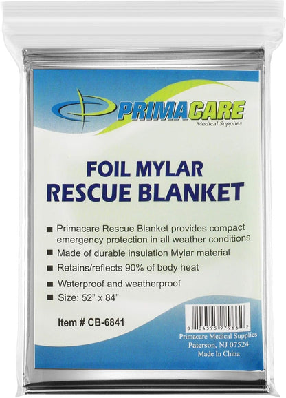 Primacare HB-10 Emergency Foil Mylar Thermal Blanket (Pack of 10), 52" Length x 84" Width, Silver