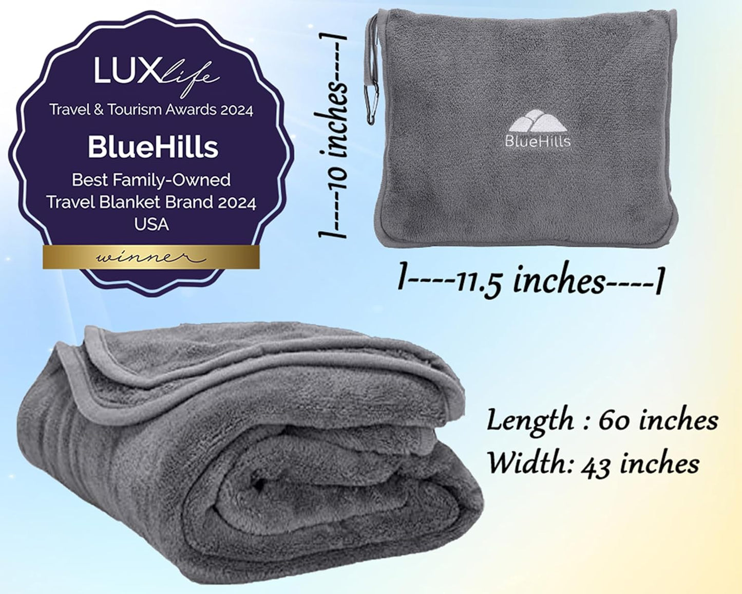 BlueHills Premium Soft Travel Blanket Pillow Airplane Flight Blanket throw in Soft Bag Pillow case with Hand Luggage Belt and Backpack Clip Compact Pack Large Blanket for Travel Grey Color (Gray T007)