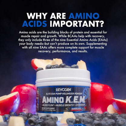 Evogen Amino KEM - Elite EAA Pump Volumizer | Supports Blood Flow, Muscle Growth, Hydration | Full Spectrum EAAs & BCAAs, S7 Nitric Oxide Blend | Blueberry Apple | 30 Servings
