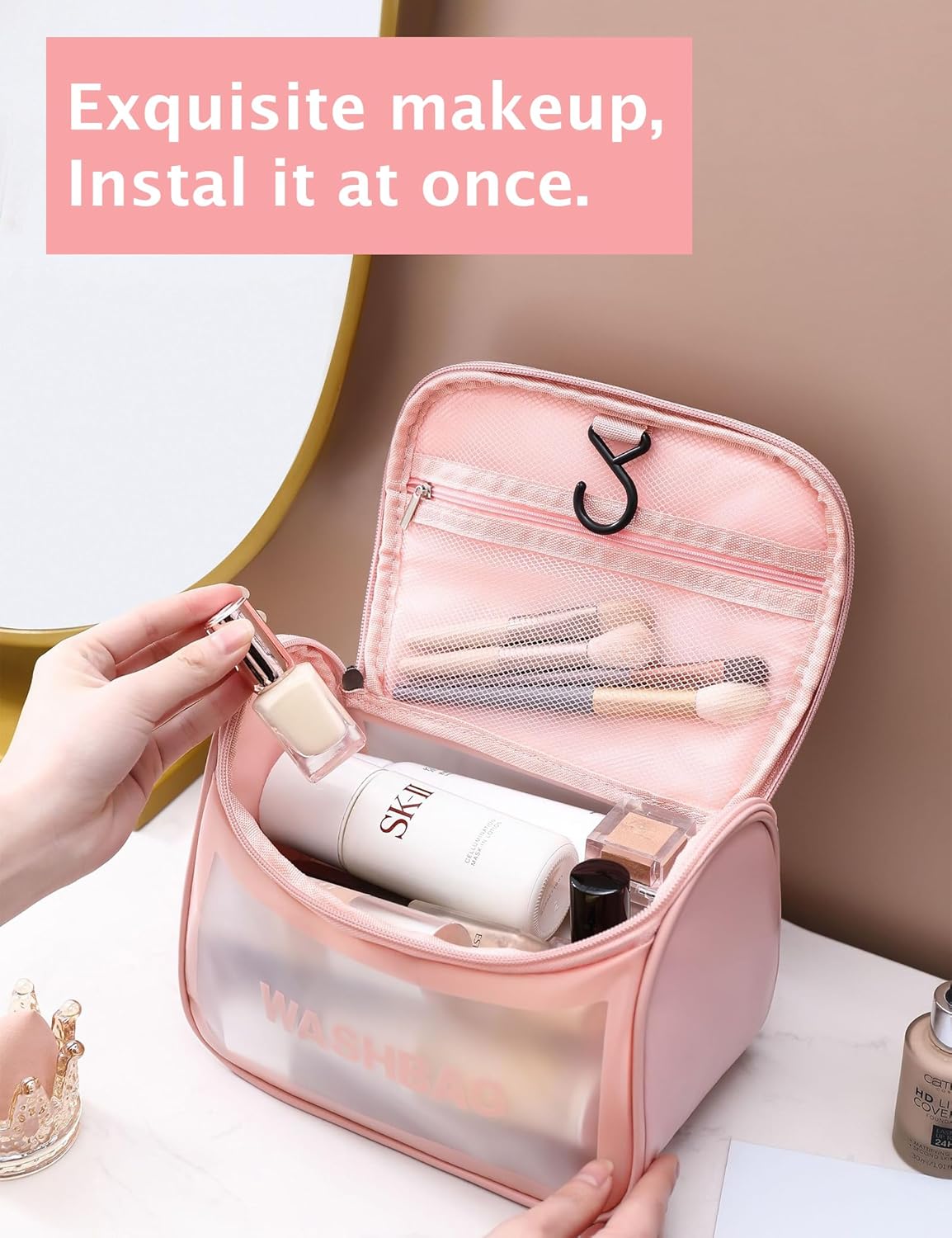 Travel Clear Makeup Bag, Portable Waterproof Cosmetic Organizer Case with Handle for Women, Essential Carry-on Travel Accessories for Toiletries and Brushes (White)