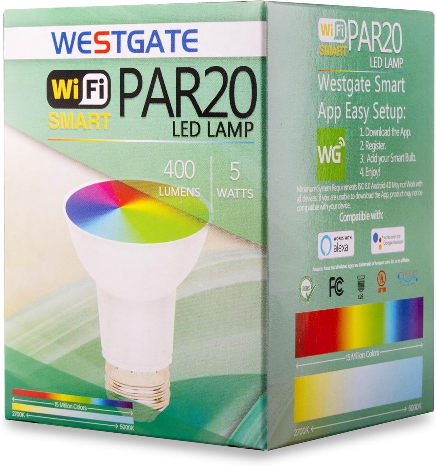 Westgate TC-PAR20-5W-RGBW-WIFI, Smart Lamps, 5W, RGBW PAR20 LED Bulbs, E26 LED, Color Changing Bulb, RGB Lights, Track Lighting, Spot Lights Indoor, Dimmable Light Bulbs, 1 per Box