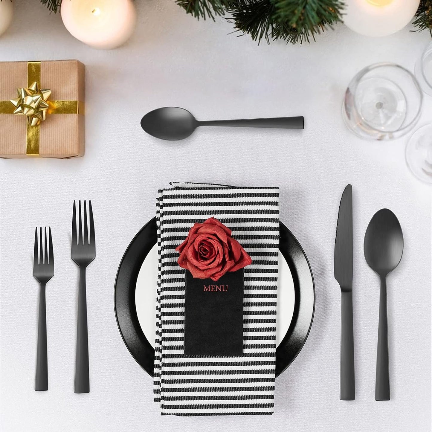 40-Piece Matte Black Silverware Set, E-far Stainless Steel Flatware Set Service for 8, Metal Cutlery Eating Utensils Tableware Includes Forks/Spoons/Knives, Square Edge