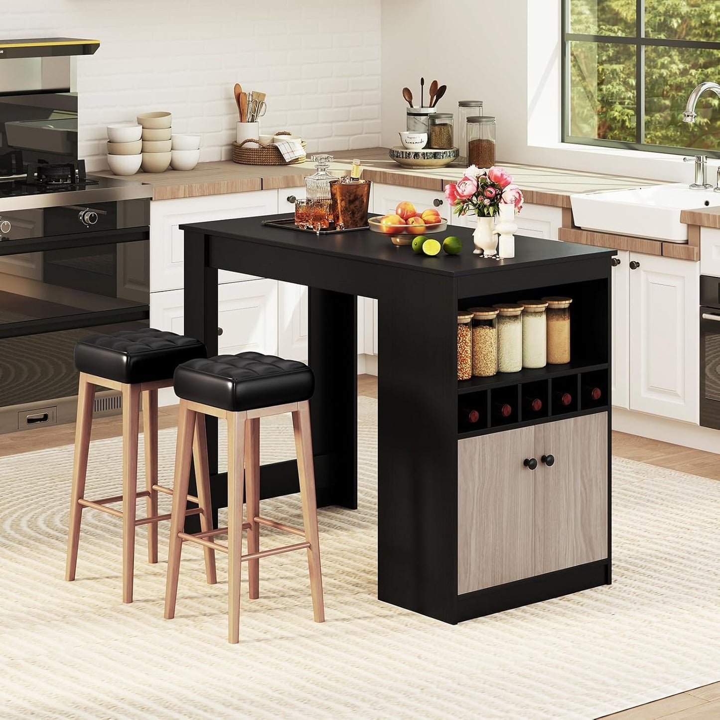 COSTWAY 48" Bar Table with Storage Cabinet & Wine Rack, Home Dining Table, Multifunctional Bistro Table w/Wine Rack, Kitchen Breakfast Table, Ideal for Coffee Shop, Pub, Living Room
