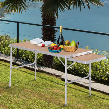 Outsunny 4ft Picnic Table with Slide Shelf Outdoor Portable Aluminum Folding Table 2 Adjustable Height Light-Weight Camping BBQ Party Dining Table w/Carrying Handle