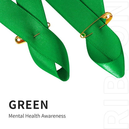 200 Pieces Green Satin Awareness Ribbons with Safety Pins for Mental Health Awareness 1.4 x 3 inch