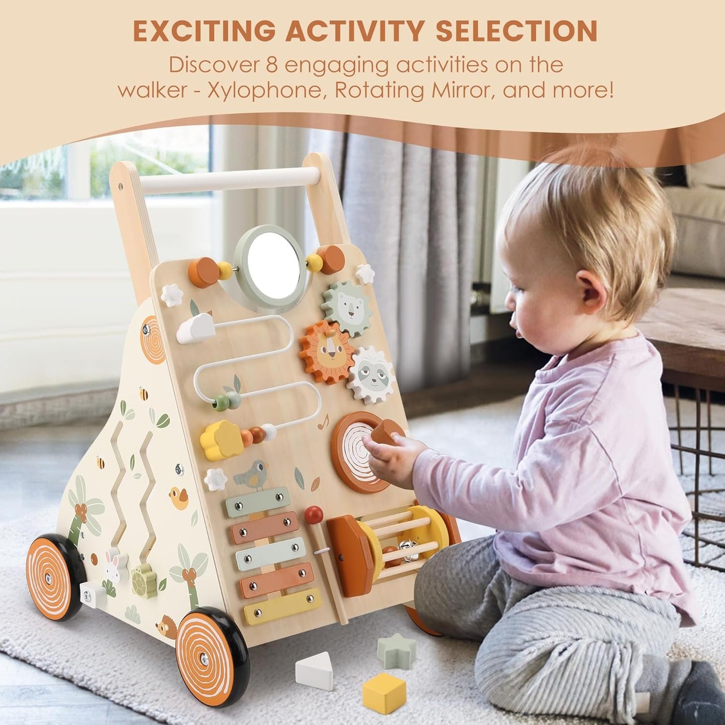 Pithfor Wooden Baby Walker, Baby Push Walker with Activity Center for Girls Boys, Push Walker Toys for Babies Learning to Walk, Sit-to-Stand