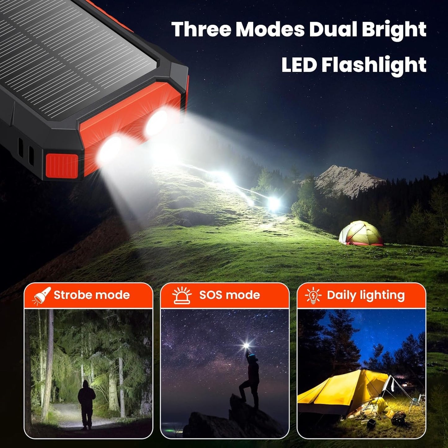 Solar Charger Power Bank 40800mAh Portable Charger,PD3.0 USB C Fast Charging Battery Pack,3 Outputs Solar Power Bank with 2 LED Flashlight Compatible with iPhone 15/14/13/12/11,Android Samsung-Orange