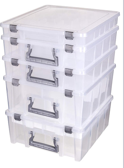 AB Designs 6899ABD Super Satchel Double Deep with Lift-Out Tray and Removable Dividers, Stackable Home Storage Organization Container, Clear with Sliver Latches and Handle