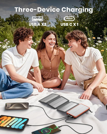 Solar Charger 25000mAh, Hiluckey Outdoor Portable Power Bank with 4 Solar Panels, Fast Charge External Battery Pack with Dual 2.1A Output USB Compatible with Smartphones, Tablets, etc.