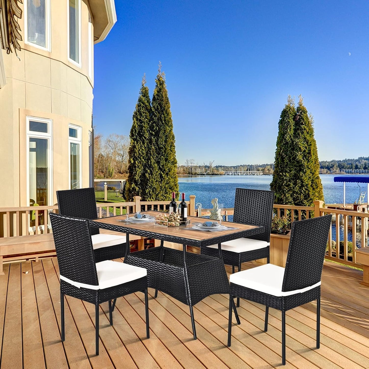DORTALA 5-Piece Patio Dining Set, Rattan Furniture Set with Acacia Wood Tabletop Table, Chairs, Cushions, Outdoor Wicker Chair & Table Set for Backyard Porch Poolside