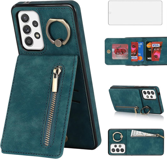 Asuwish Phone Case for Samsung Galaxy A52/A52S 5G Wallet Cover with Screen Protector and Cell Accessories Zipper RFID Card Holder Slot Ring Kickstand Flip A 52 S 4G G5 52A S52 52S SM Women Men Green