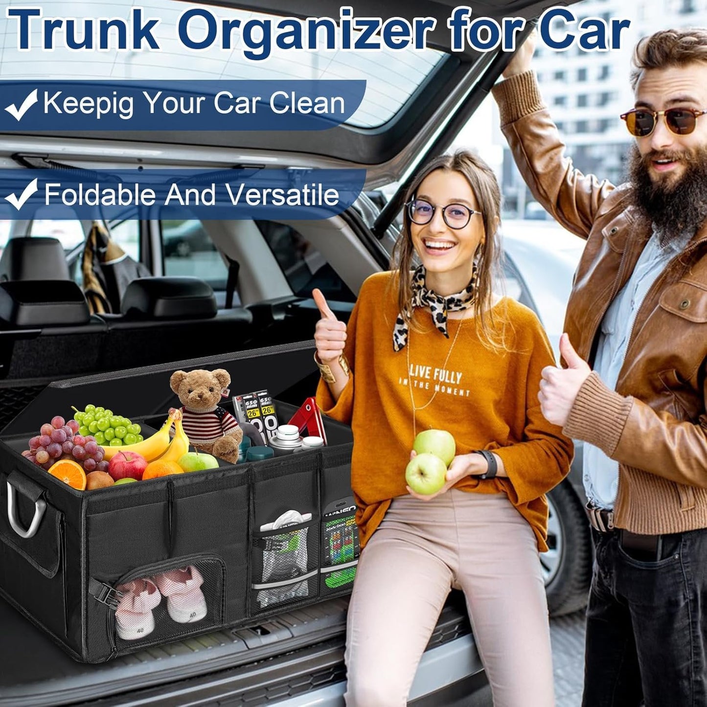 Car Trunk Organizer, Vehicle Boot Organizer 60L Collapsible Multi Compartment Boot Tidy Storage Box for SUVs, RV, Sedans, 600D Adjustable Auto Back Cargo Organisers Car Accessories (Black-55L)