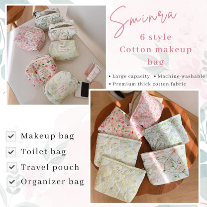 Sminra 2 Pcs Floral Makeup Bag Large Travel Cotton Quilted Cosmetic Makeup Bag Organizer, Cute Coquette Aesthetic Zipper Portable Pouch Purse Storage Toiletry Bag for Women Girls accessories, 03-Green