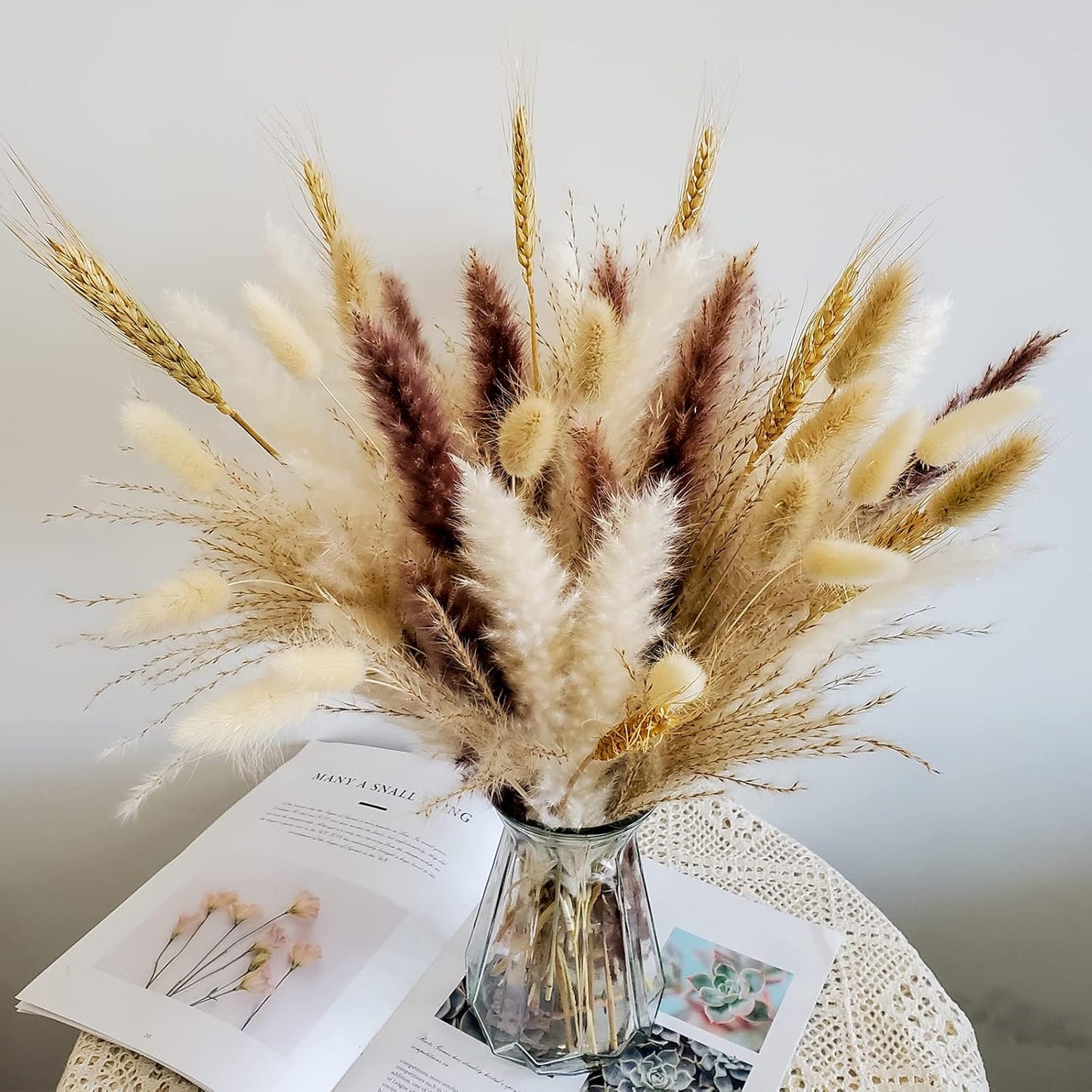 CRFNI 100 Pcs Pampas Grass - Natural Pampas & Reed Grass & Bunny Tails & Dried Wheat for Dried Flowers Arrangements Boho Wedding Home Decor