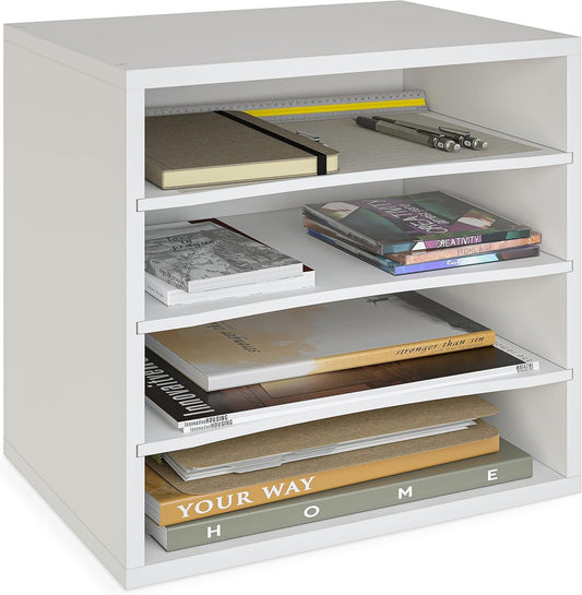 Ballucci 4-Tier Paper Organizer, Desk File Organizer, Stackable Letter Tray, Wood Mail Sorter with Adjustable Storage Shelves, Office Desk Organizer, White