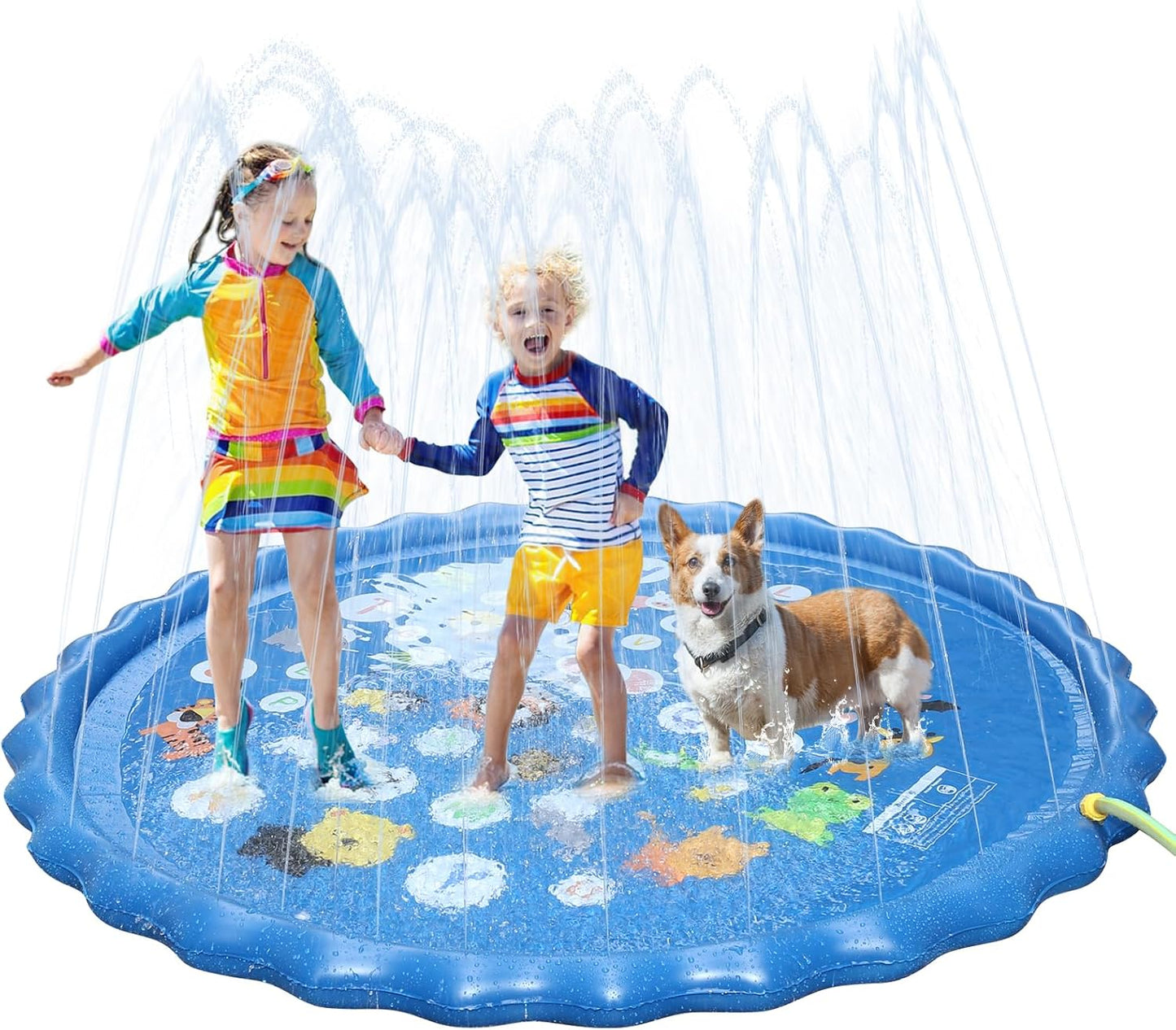 Sicilaien Splash Sprinker Pad for Family, Large 170CM Spray Pad Water Sprinkler Mat, Kids Outdoor Water Play Toys Water Play Mats Anti-Slip Thickened PVC for Adults Kids Pets (Alphabet Blue)