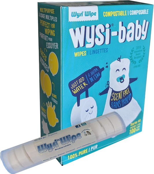 Wysi Baby Starter Kit 100 Biodegradable Wipes and Travel Tube - On the Go Anytime Just Add Water