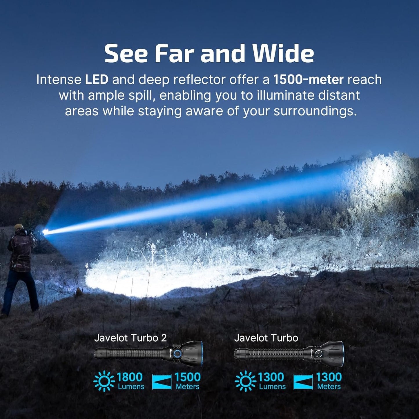 OLIGHT Javelot Turbo 2 Rechargeable Tactical Flashlight, 1800 Lumens Long Beam Flashlight with Max. 4921ft Throw, Powerful LED Flash Light for Hunting, Search and Rescue (Black)