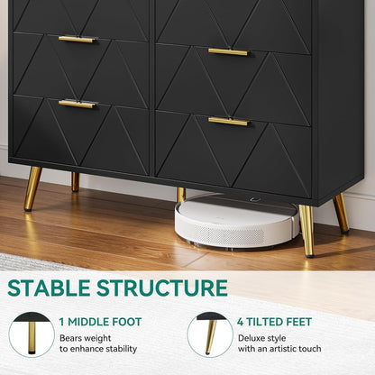 YITAHOME Bedroom Chest of Drawers 6 Contemporary Drawers Bedroom Furniture Large Wooden Chest of Drawers Sliding Drawer Office Living Room Furniture Black