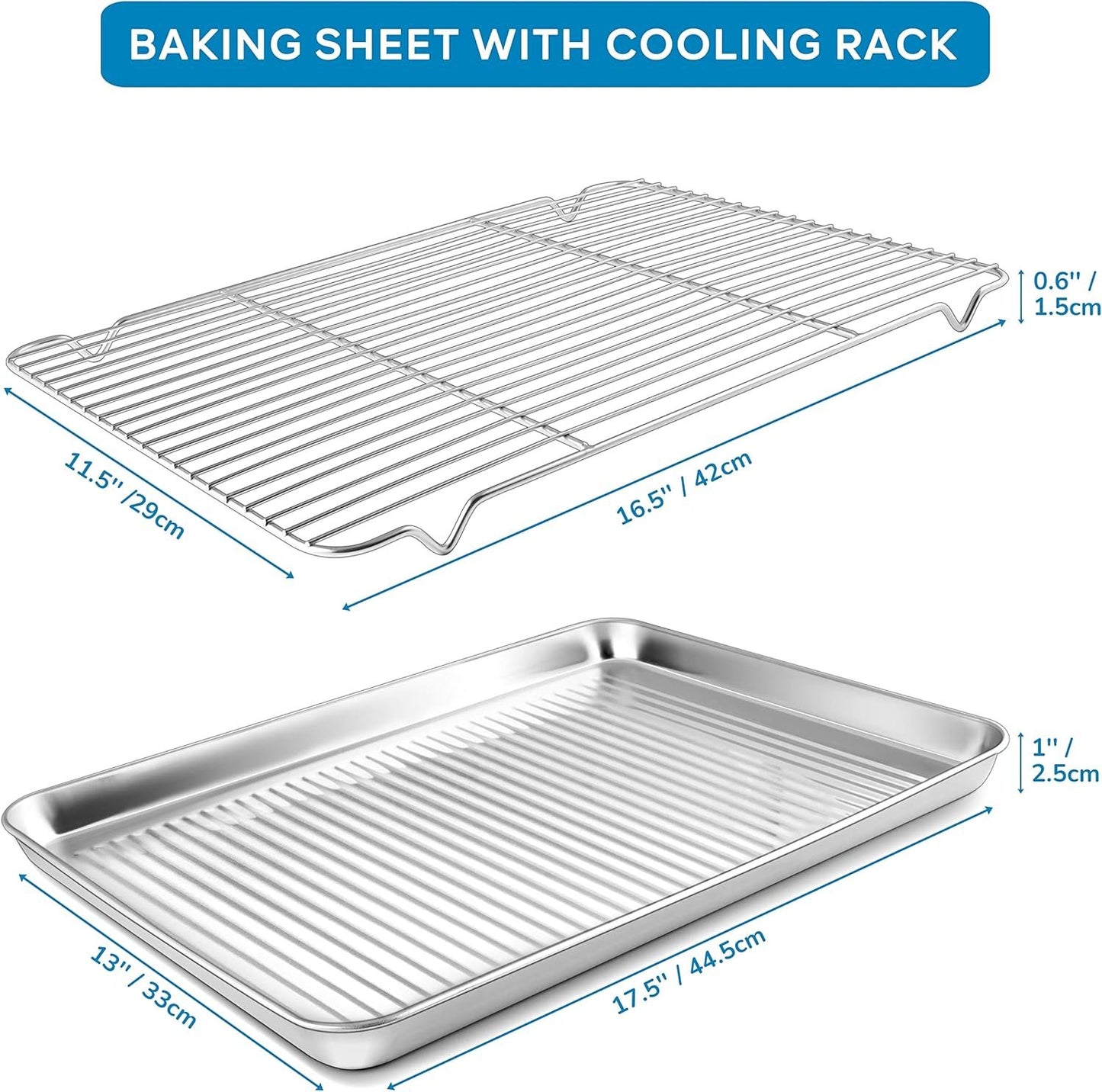 Herogo Baking Pan Sheet with Cooling Rack Set for Oven, 18 x 13 x 1 Inch, Stainless Steel Fluted Bakeware Cookie Sheet Tray Non-Stick, Dishwasher Safe