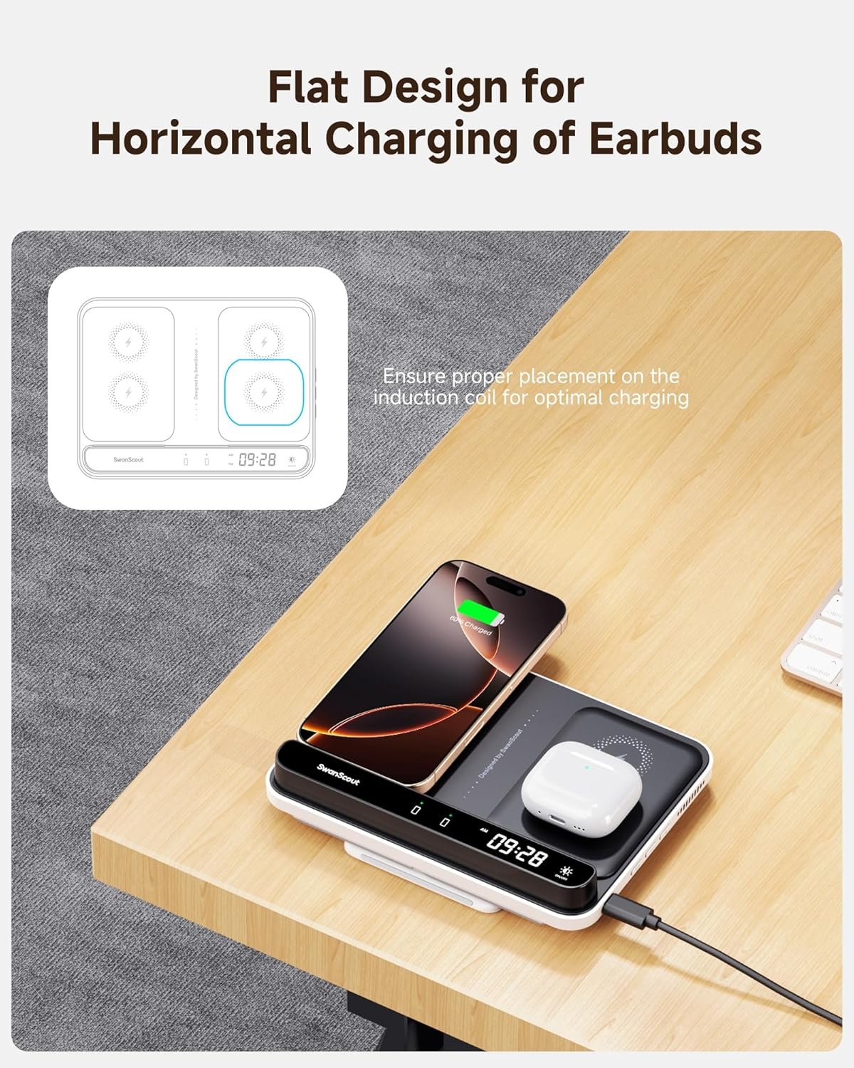 SwanScout 710A Dual Wireless Charger for Phone, Wireless Charging Station for Apple Watch 10/9/8/7/6/5/4/3/2/SE 2&AirPods 4, Wireless Charger for 2 iPhone