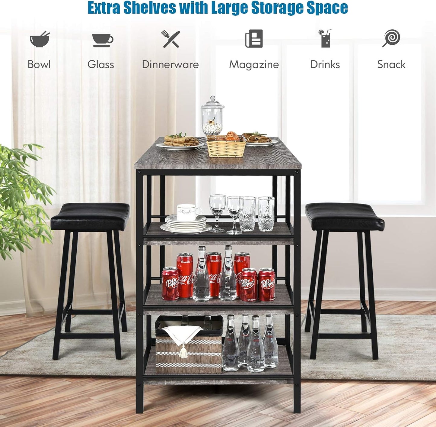 Giantex 3-Piece Dining Table Set, Counter Height Table Set w/2 Bar Stools, Modern Industrial Bar Table Set w/3 Tier Storage Shelves, Iron Frame, Soft Cushion, Perfect for Home, Kitchen, Dining Room
