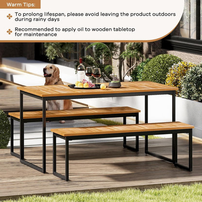Tangkula 3 Pieces Outdoor Dining Set for 6 People, 55 inch Rectangle Patio Table & 2 Benches with Acacia Wood Tabletop, Metal Frame & Umbrella Hole, Dining Furniture for Yard, Garden, Poolside