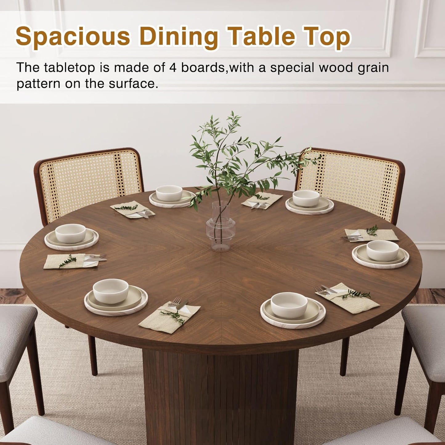 Round Dining Table for 4, Modern Farmhouse Kitchen Table, 47 Inch Small Circle Dining Tables with Wood Strip Base for Kitchen Living Room (Walnut)